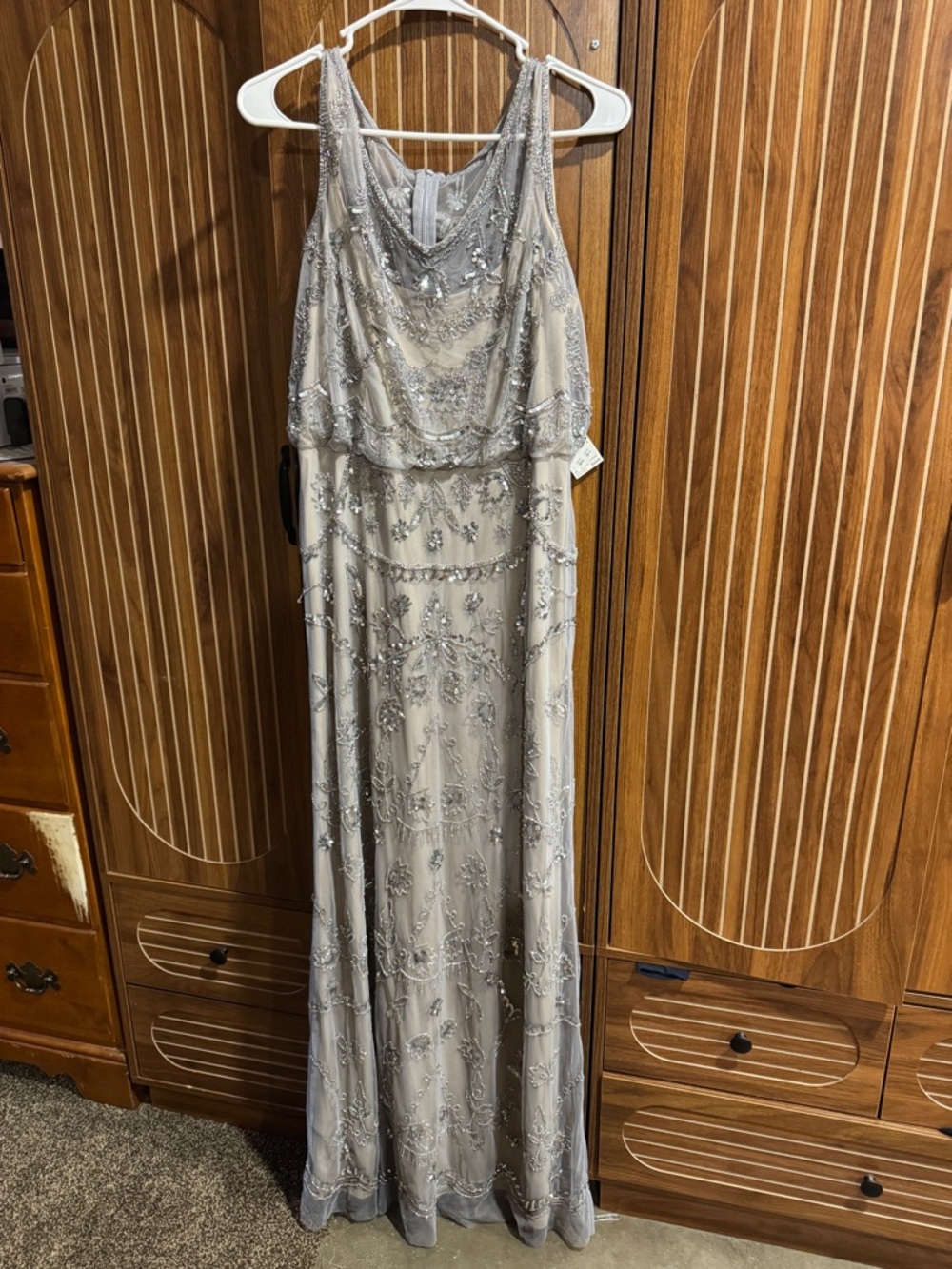 Adrianna Papell Silver-Beaded Maxi Evening Gown